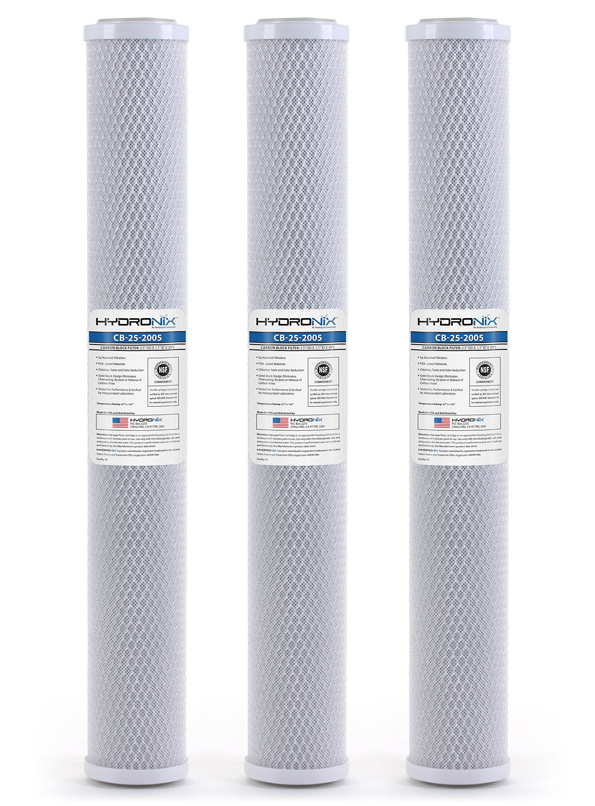 Hydronix HX-CB-25-2005/3 Universal NSF Coconut Activated Carbon Block Water Filter, 2.5" x 20"-5 Micron, 1 Count (Pack of 3), White