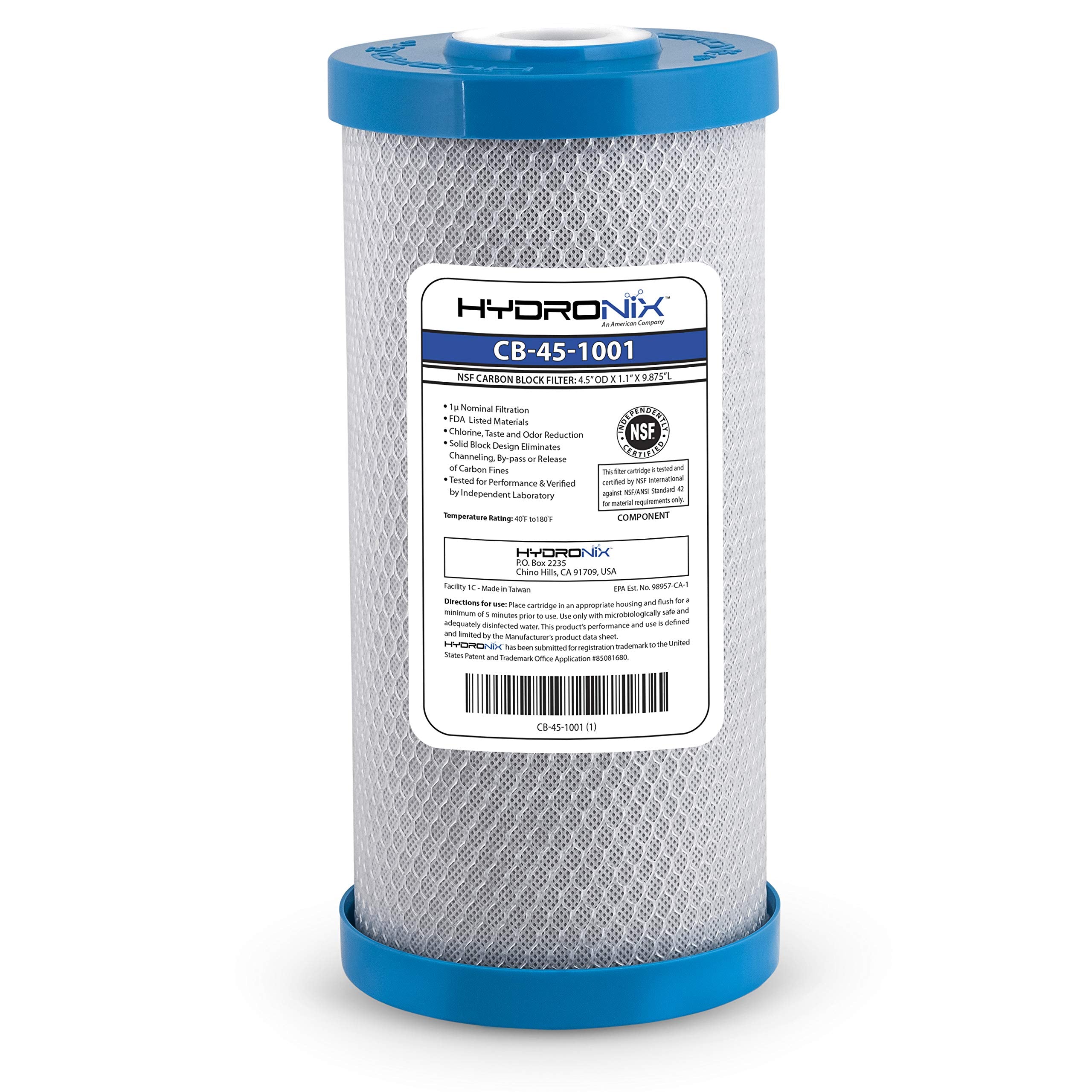 Hydronix CB-45-1001 Whole House Commercial Hydroponics RO NSF Activated Carbon Block Water Filter, 4.5" x 10", 1 Micron