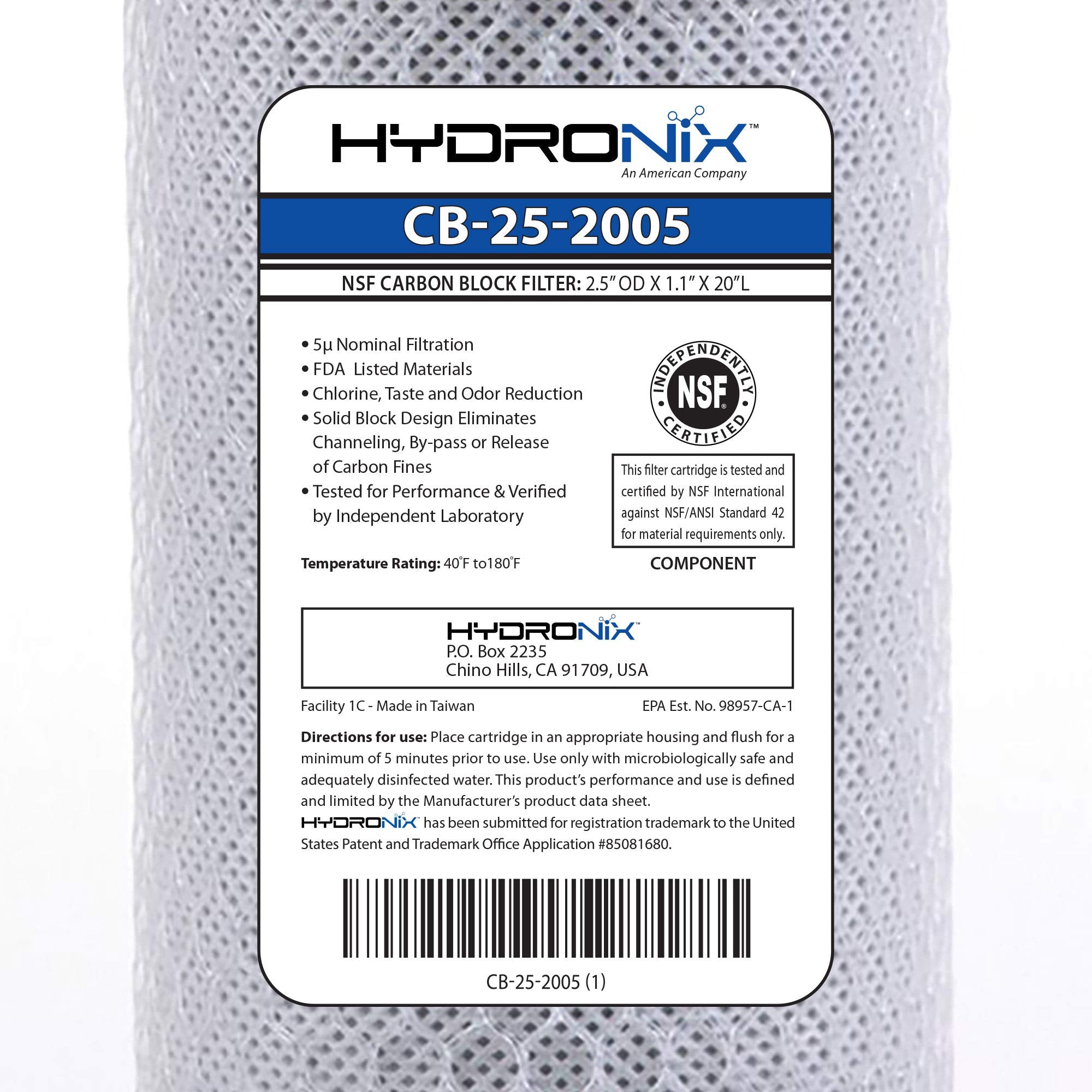 Hydronix HX-CB-25-2005/3 Universal NSF Coconut Activated Carbon Block Water Filter, 2.5" x 20"-5 Micron, 1 Count (Pack of 3), White