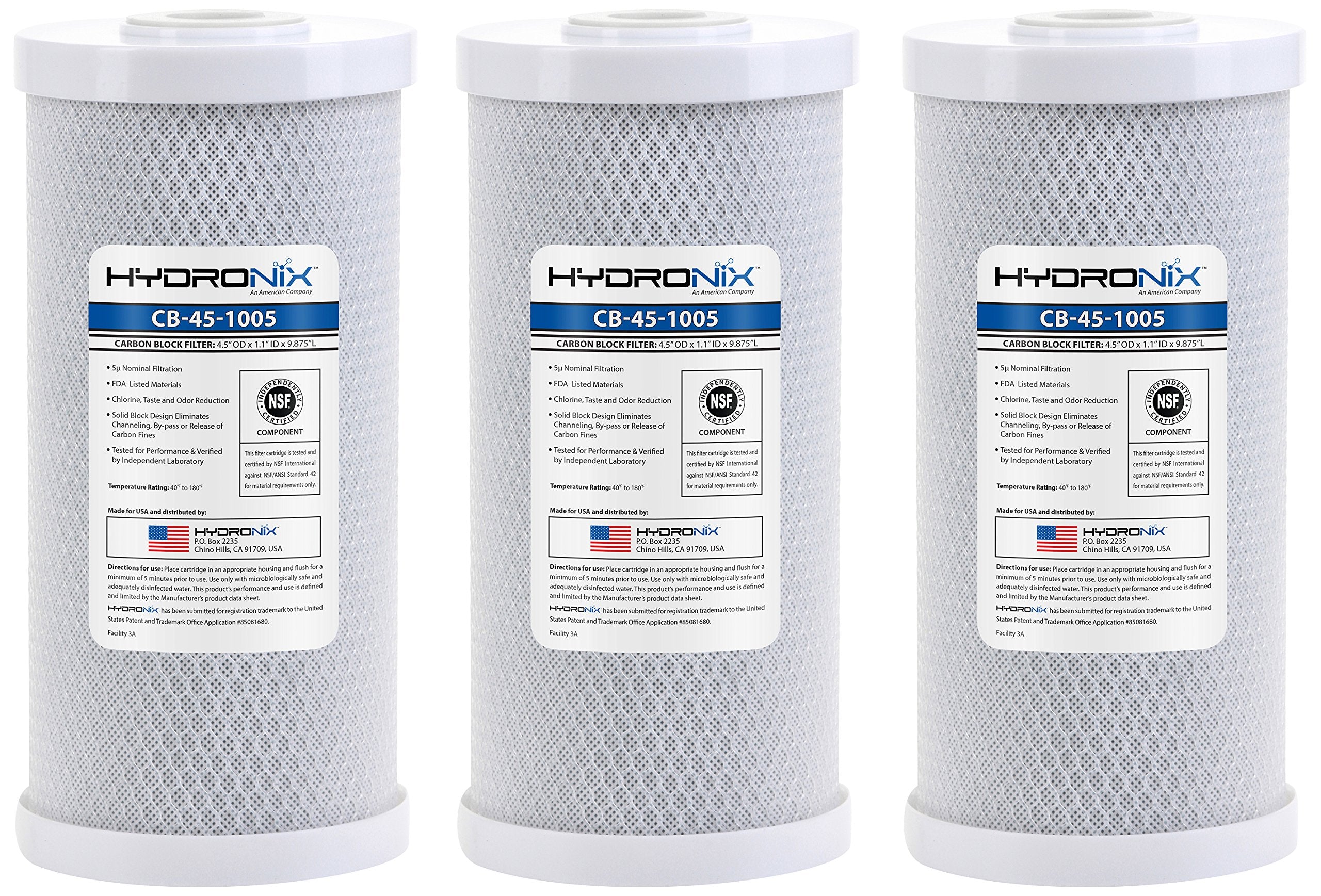 Hydronix HX-CB-45-1005/3 Whole House Commercial NSF Coconut Activated Carbon Block Water Filter, 4.5" x 10", 5 Micron, 3 Pack, White