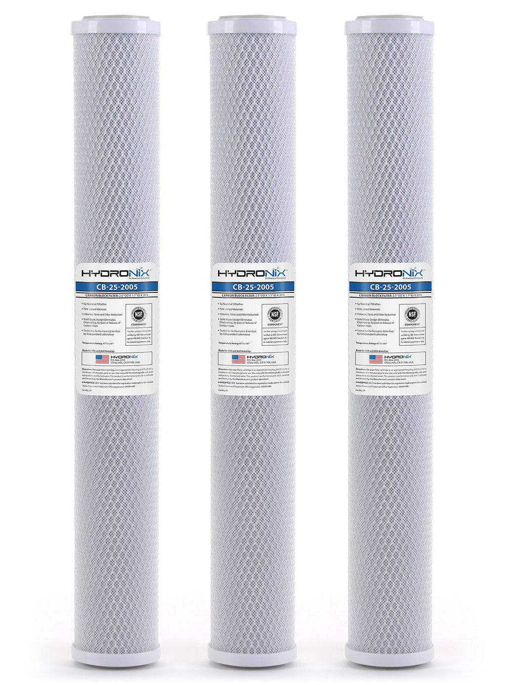 Hydronix HX-CB-25-2005/3 Universal NSF Coconut Activated Carbon Block Water Filter, 2.5" x 20"-5 Micron, 1 Count (Pack of 3), White