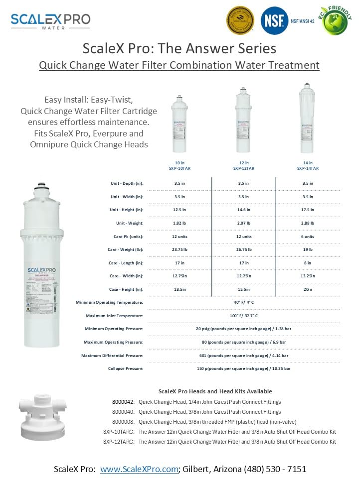 ScaleX Pro The Answer 12in Water Filter Cartridge, Fits Everpure, Pentair, Omnipure Quick Change Heads, High Capacity (up to 7500 gals) Removes Limescale; Chlorine, Chloramines, Odors (SXP-12TAR)