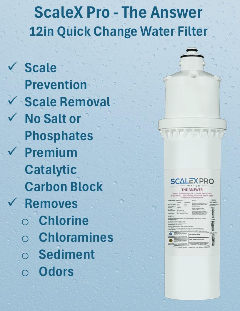 ScaleX Pro The Answer 12in Water Filter Cartridge, Fits Everpure, Pentair, Omnipure Quick Change Heads, High Capacity (up to 7500 gals) Removes Limescale; Chlorine, Chloramines, Odors (SXP-12TAR)
