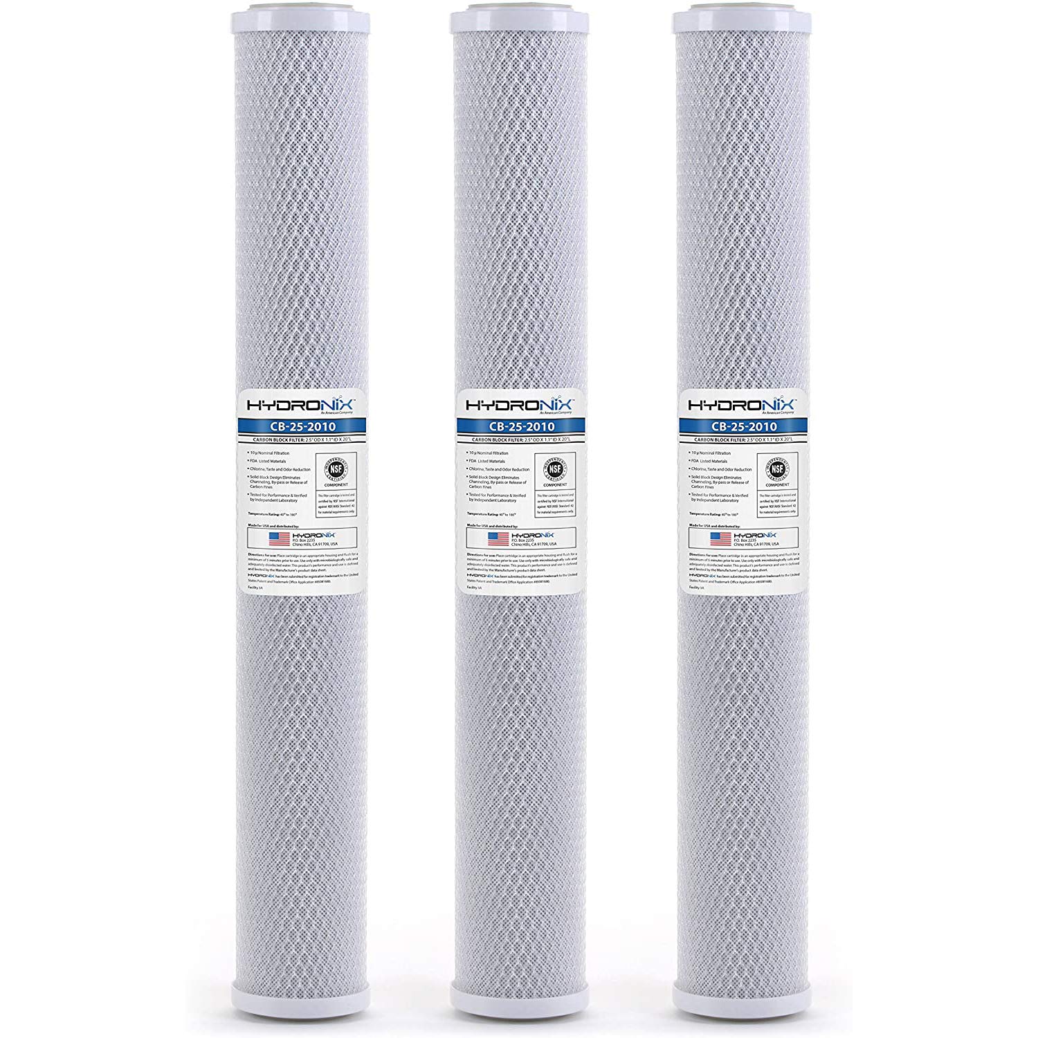 Hydronix HX-CB-25-2010/3 Universal NSF Coconut Activated Carbon Block Water Filter, 2.5" x 20" - 10 micron - 3 Pack