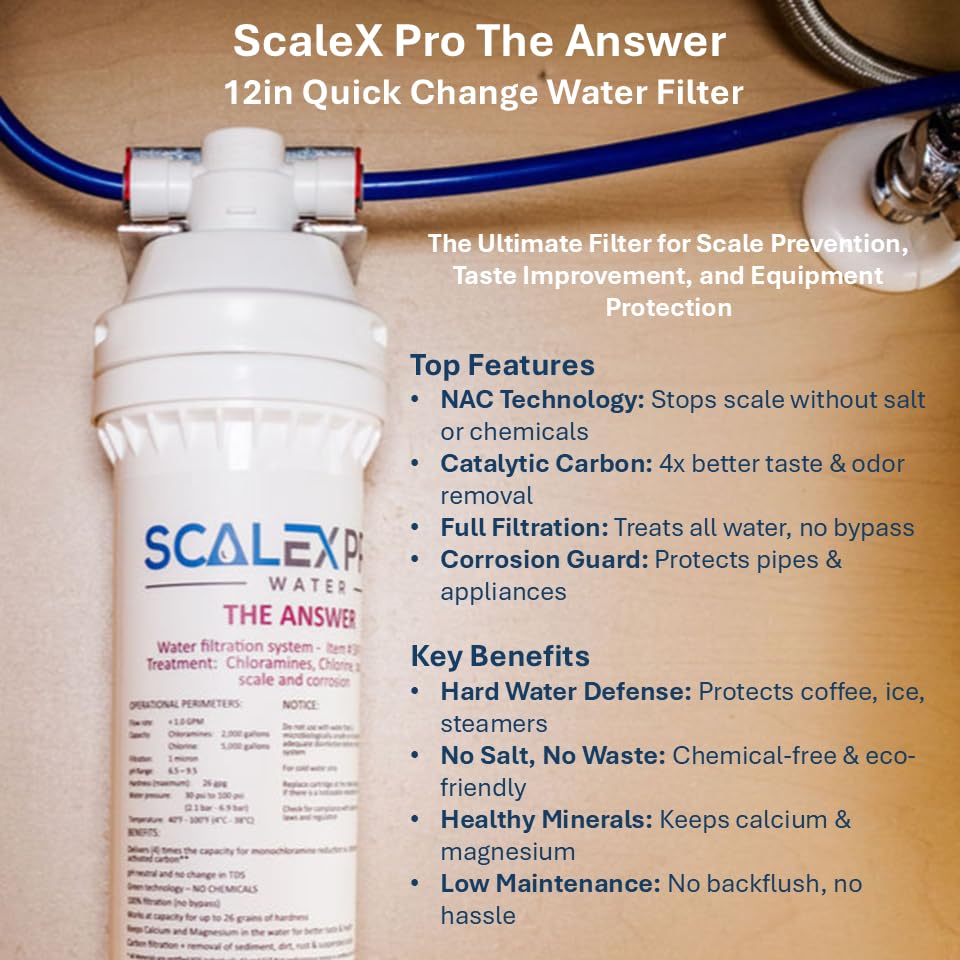 ScaleX Pro The Answer 12in Water Filter Cartridge, Fits Everpure, Pentair, Omnipure Quick Change Heads, High Capacity (up to 7500 gals) Removes Limescale; Chlorine, Chloramines, Odors (SXP-12TAR)