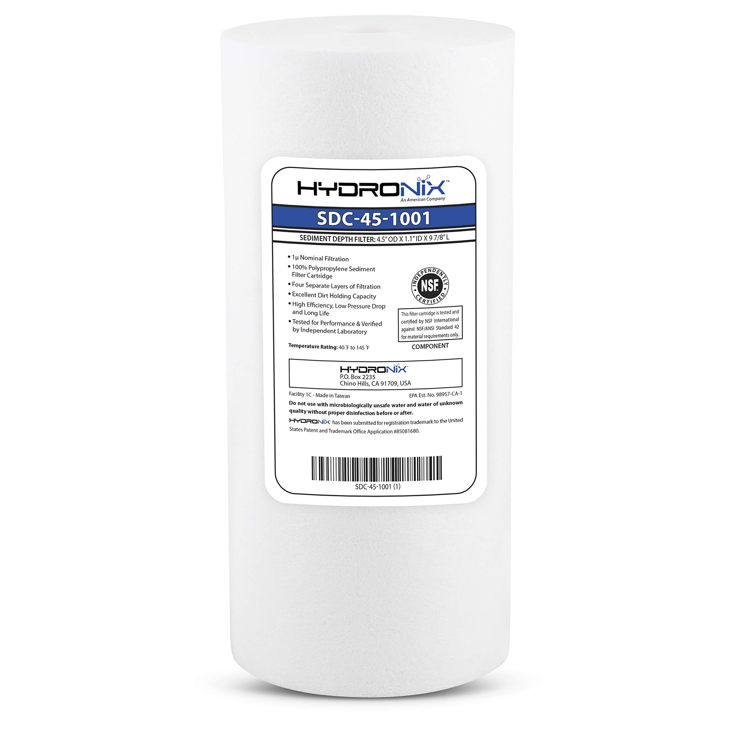Hydronix SDC-45-1001 Whole House or Commercial NSF Polypropylene Sediment Water Filter Cartridge 4.5" x 10" - 1 Micron