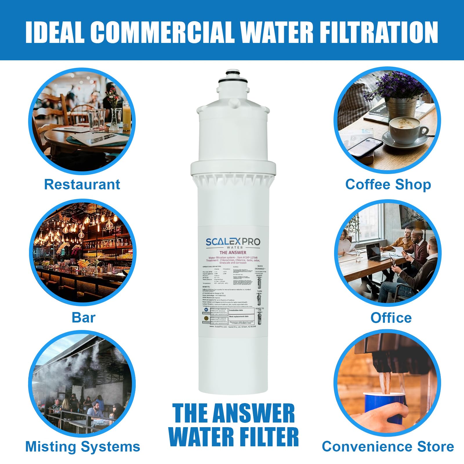 ScaleX Pro The Answer 12in Water Filter Cartridge, Fits Everpure, Pentair, Omnipure Quick Change Heads, High Capacity (up to 7500 gals) Removes Limescale; Chlorine, Chloramines, Odors (SXP-12TAR)