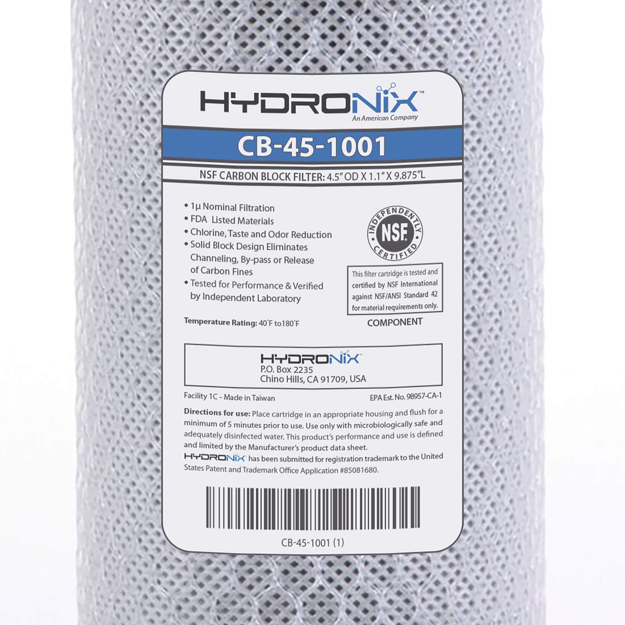 Hydronix CB-45-1001 Whole House Commercial Hydroponics RO NSF Activated Carbon Block Water Filter, 4.5" x 10", 1 Micron