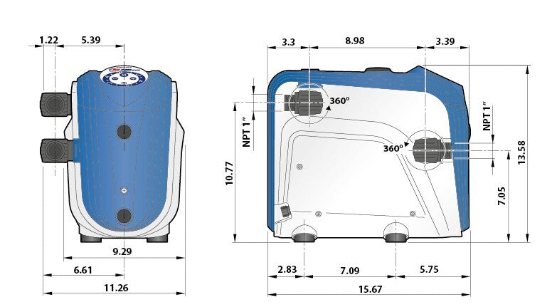 Pedrollo DG PED EVO dimensions in inches, 1 inch NPT ports
