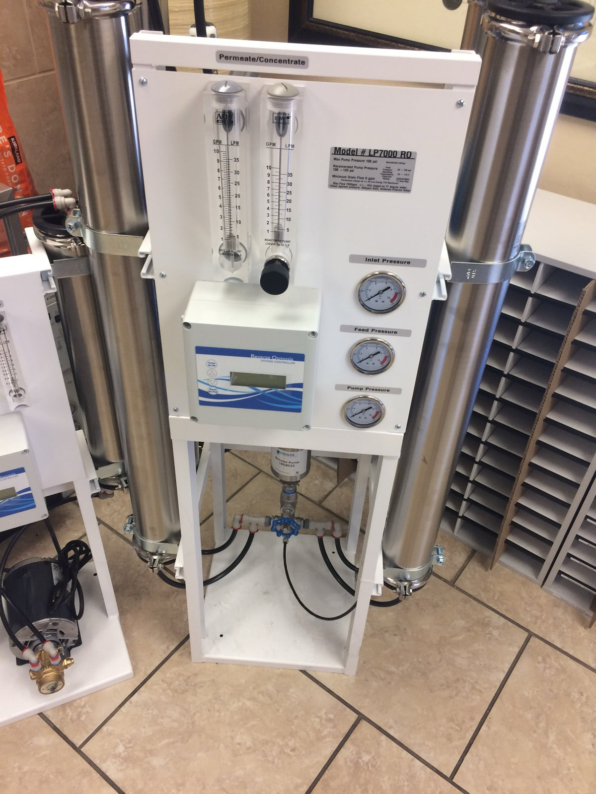 Water Solutions four-membrane 7,000 GPD commercial reverse osmosis system, new, on the showroom floor